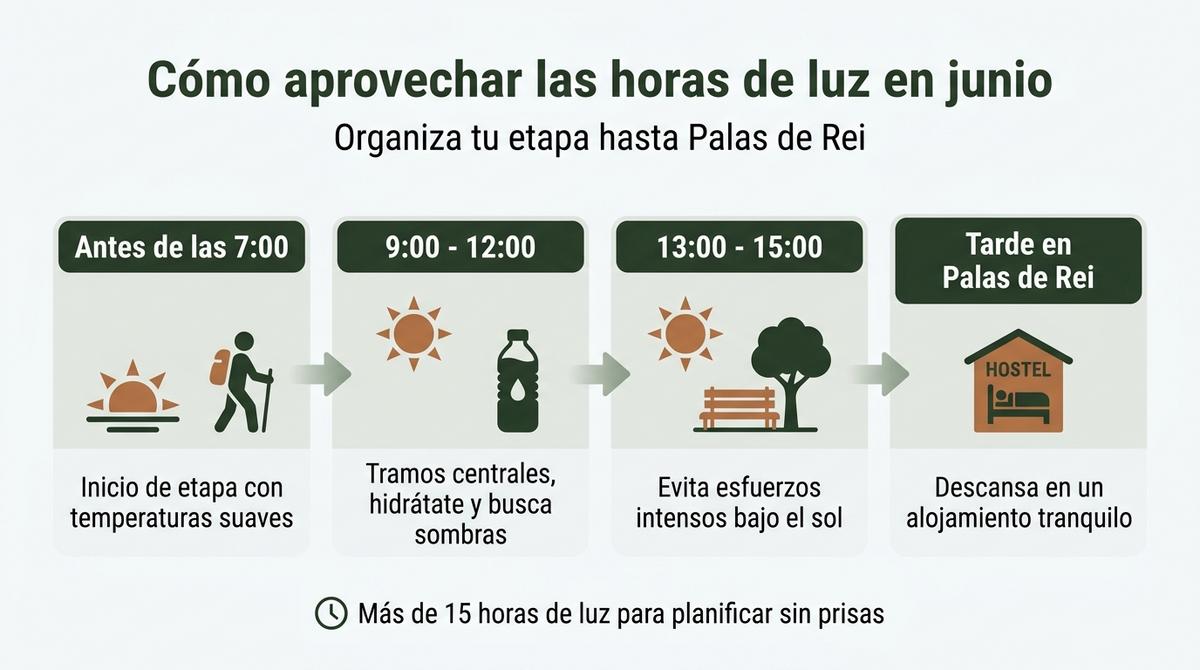 Diagrama tipo línea de tiempo sobre cómo organizar la etapa del Camino en junio aprovechando las horas de luz.