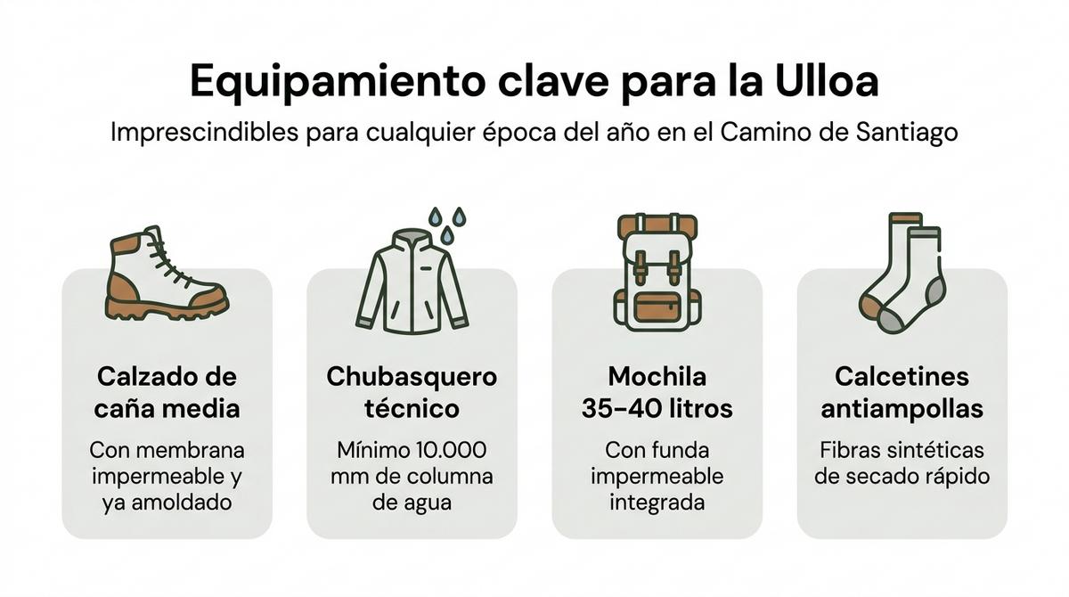 Diagrama visual con una checklist de equipamiento esencial para hacer el Camino de Santiago en la Ulloa.