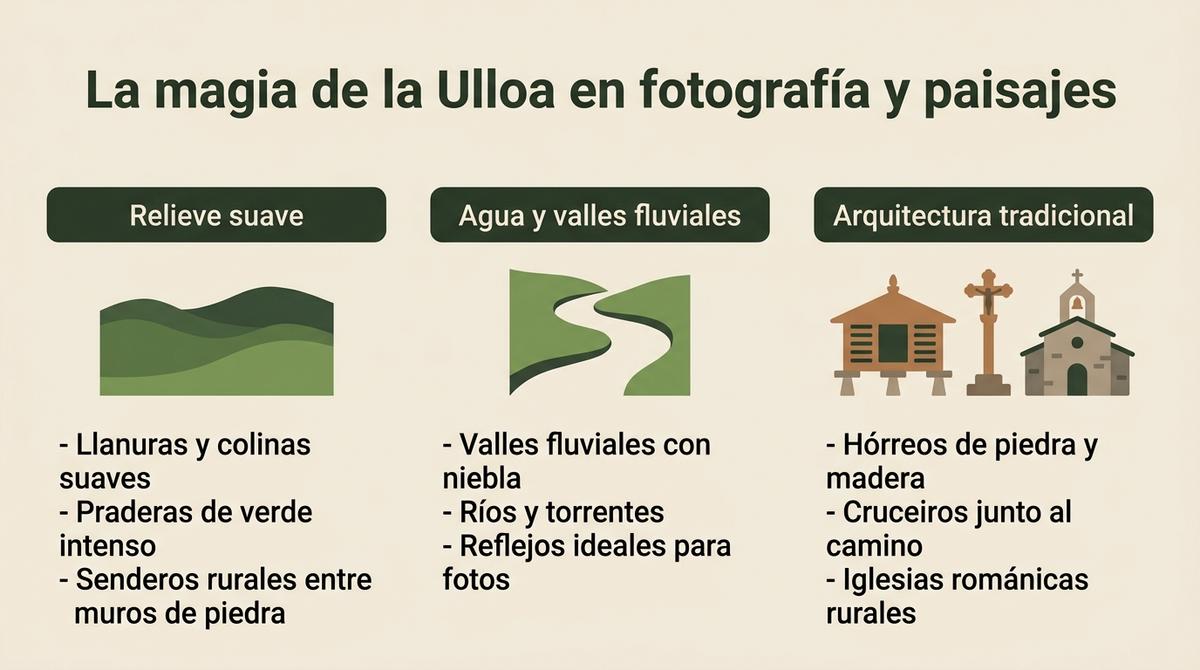 Diagrama visual que resume relieve, ríos y arquitectura tradicional de la comarca de la Ulloa para fotografía de paisajes.