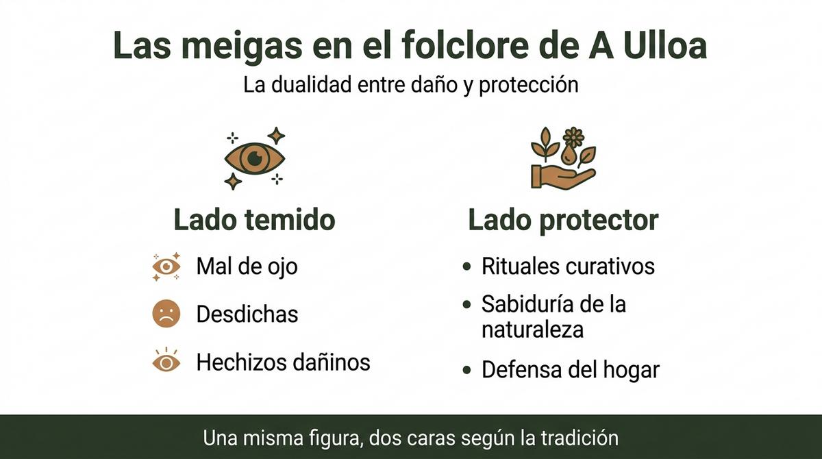 Esquema comparativo que muestra el lado temido y el lado protector de las meigas en A Ulloa.