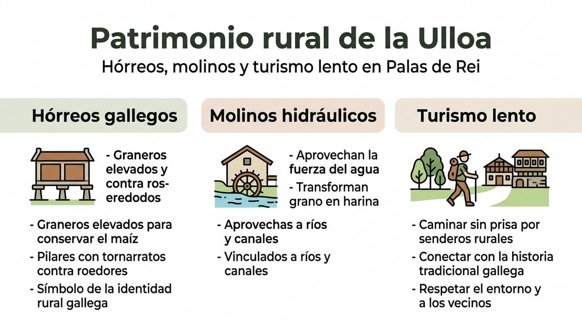 Esquema visual sobre hórreos gallegos, molinos hidráulicos y turismo lento en la comarca de la Ulloa.