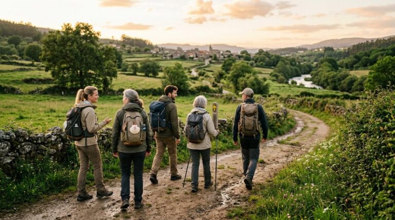 Grupo De Peregrinos Caminando Juntos Por Un Sendero Rural En Galicia Al Atardecer Rodeados De Paisaje Verde