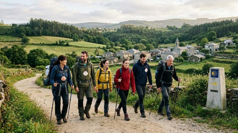 Grupo De Peregrinos Caminando Por Un Sendero Rural Gallego Del Camino De Santiago En Una Tarde Luminosa De Fin De Semana