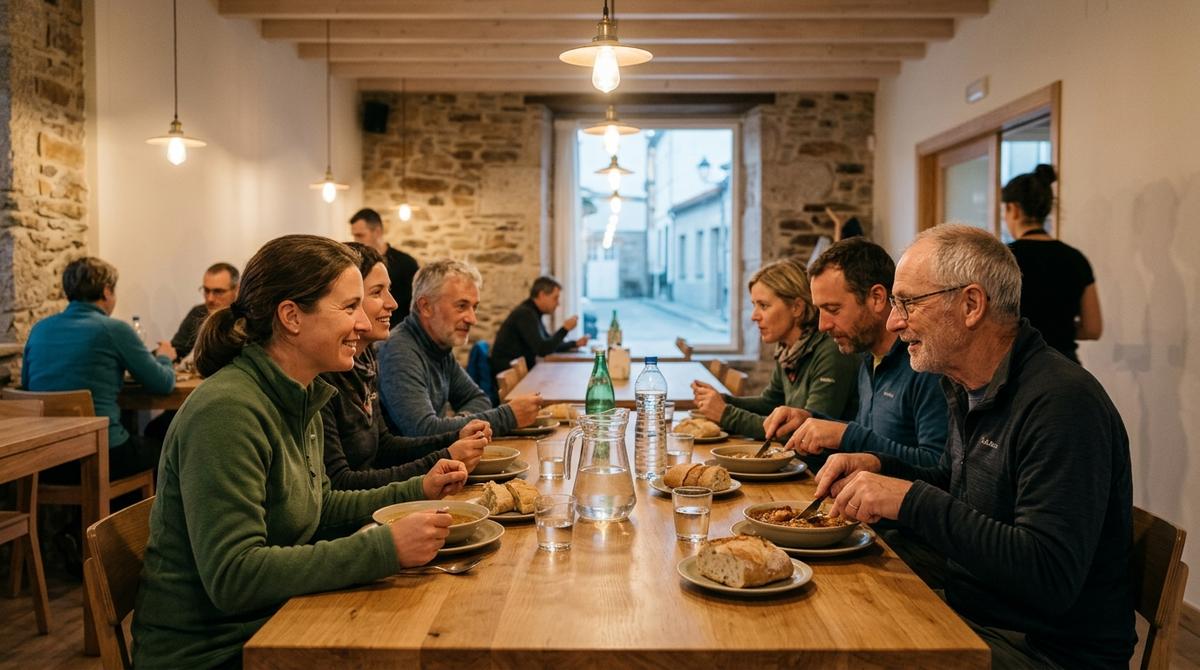 Grupo de peregrinos cenando juntos en el comedor de un hostal al final de una etapa del Camino de Santiago.