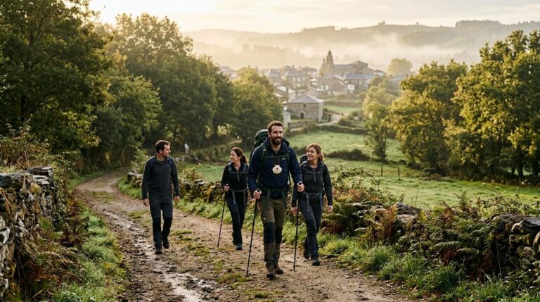 Grupo De Peregrinos Iniciando Su Camino De Santiago En Un Sendero Rural De Palas De Rei Al Amanecer