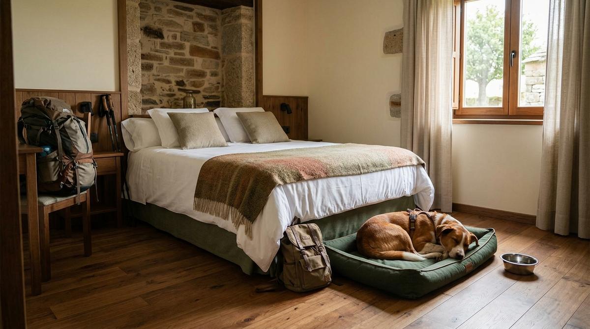 Habitación acogedora de alojamiento rural con un perro descansando junto a la cama