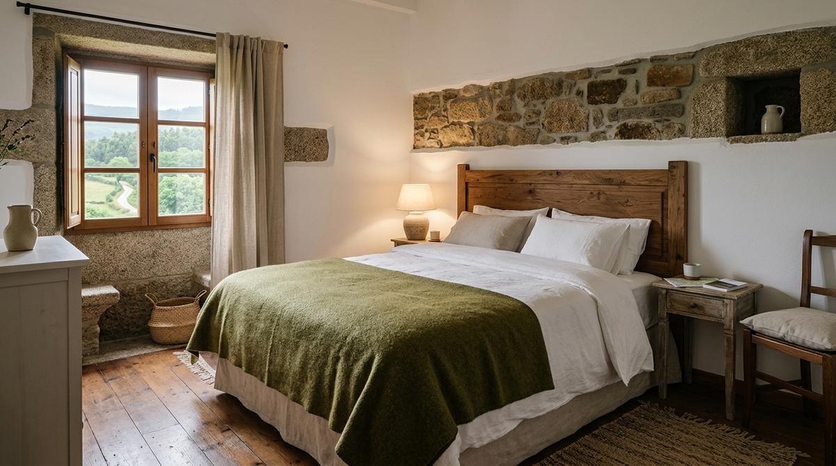 Habitación acogedora de alojamiento rural en Palas de Rei con cama preparada para peregrinos y viajeros culturales