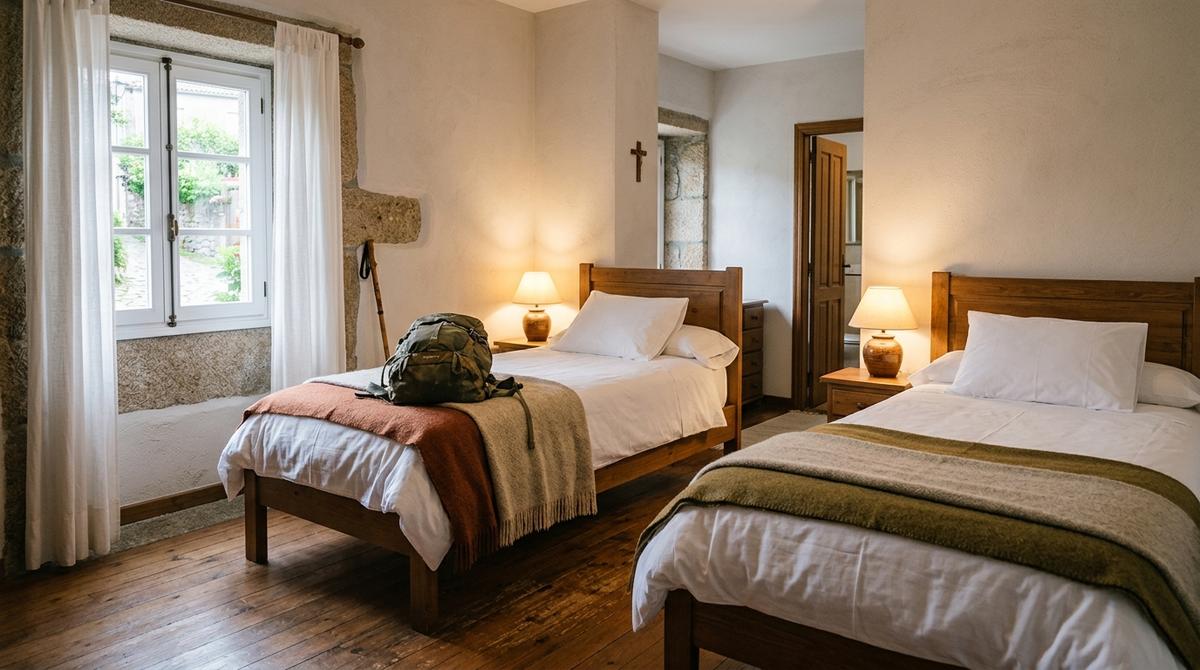 Habitación acogedora de hostal en Palas de Rei con dos camas individuales y una mochila de peregrino preparada.