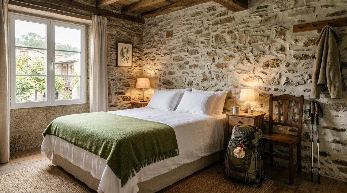 Habitación acogedora de un hostal con encanto en Palas de Rei con mochila de peregrino junto a la cama.