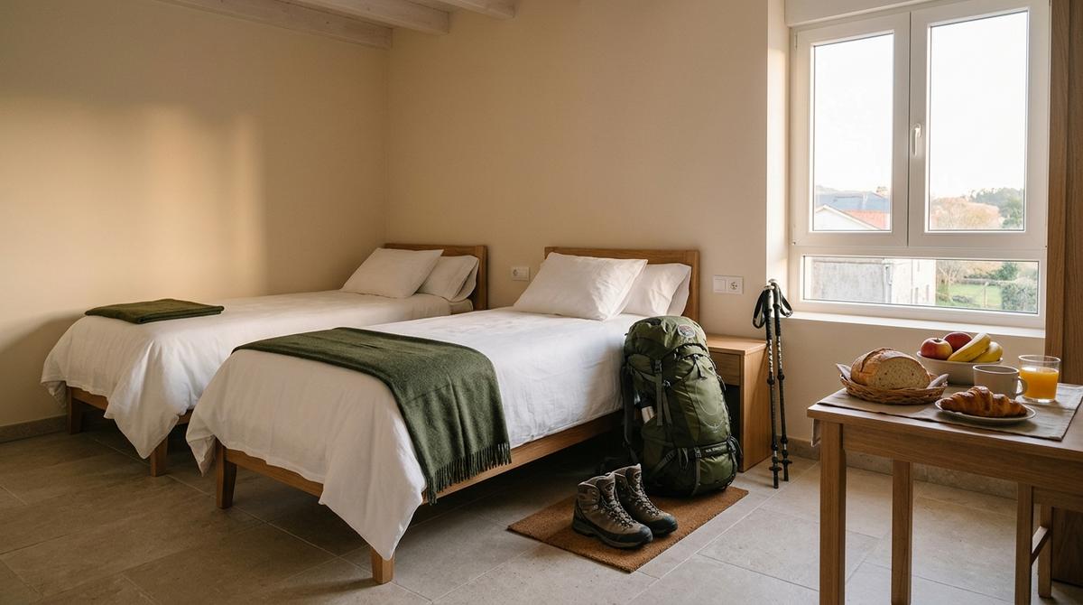 Habitación de hostal acogedora con mochila de peregrino y cena preparada, lista para el descanso al final de la etapa.