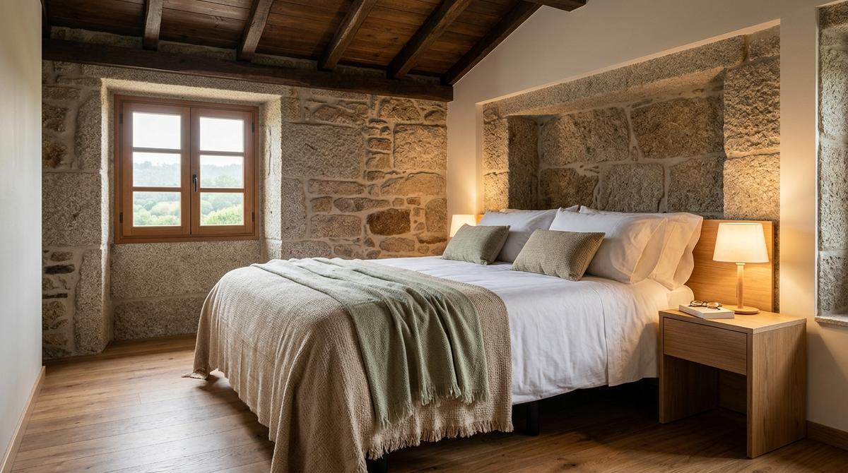 Habitación de hostal rural en Palas de Rei con muros de piedra vista y cama preparada para el descanso del peregrino.