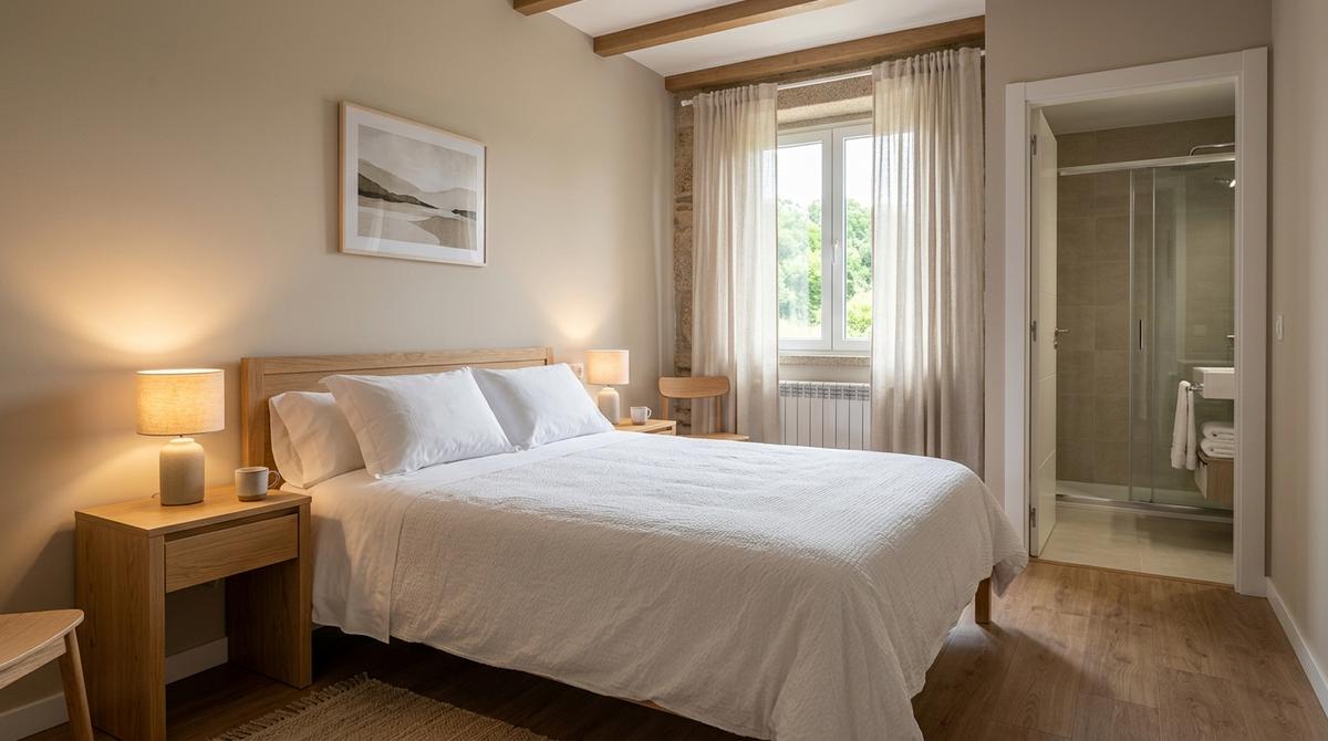 Habitación de hostal tranquila con cama doble y baño privado pensada para peregrinos en Palas de Rei