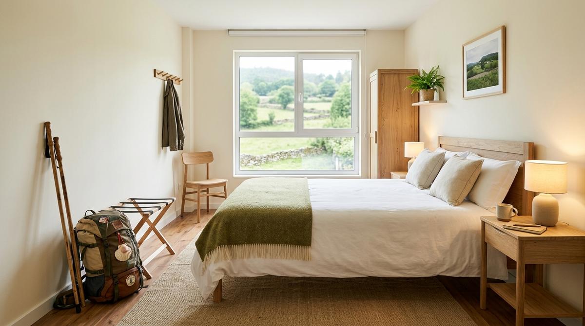 Habitación luminosa y silenciosa de hostal rural en Palas de Rei preparada para el descanso de un peregrino.