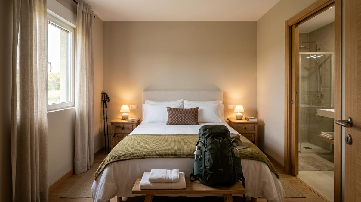 Habitación privada acogedora con cama doble y mochila de peregrino en un alojamiento de Palas de Rei.