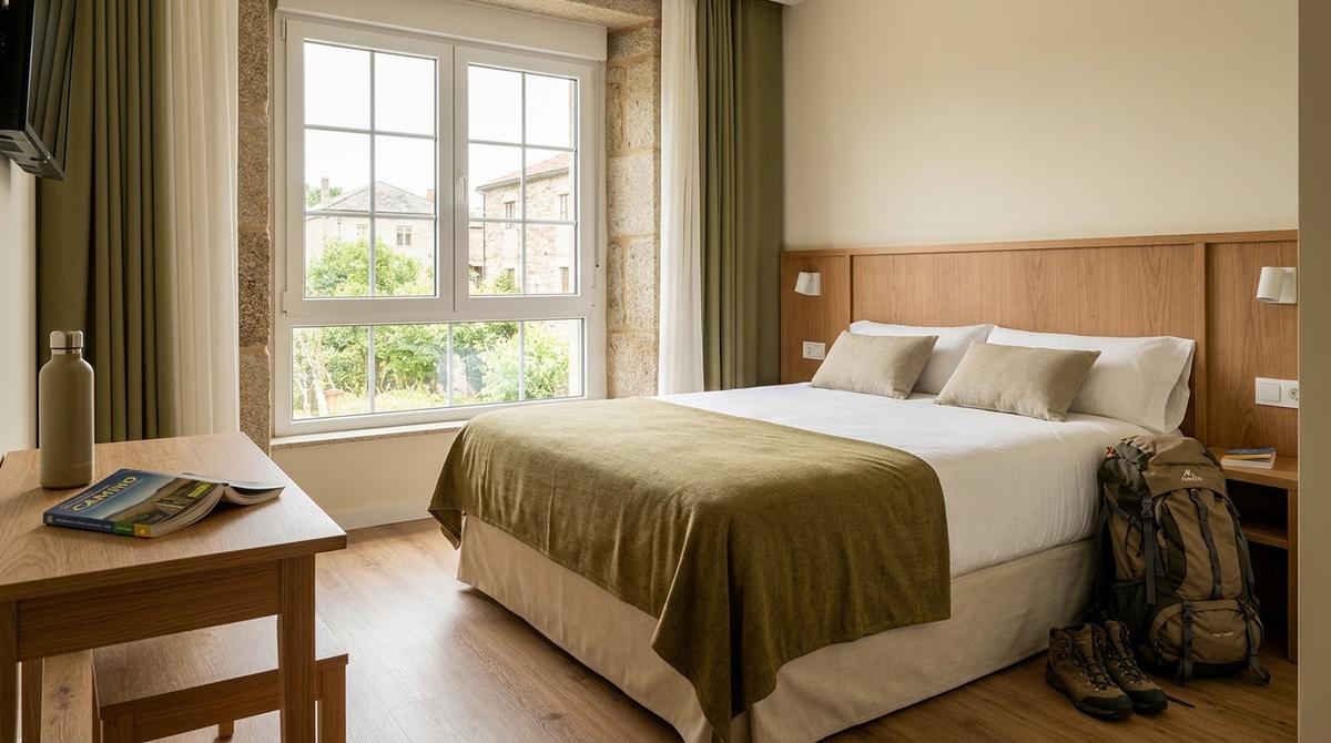 Habitación privada luminosa y acogedora en un hostal moderno preparada para peregrinos en Palas de Rei.
