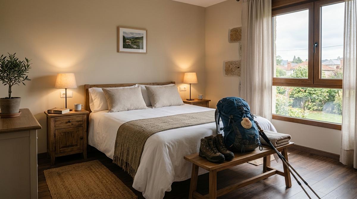 Habitación privada tranquila con cama doble y mochila de peregrino en un alojamiento rural del Camino de Santiago