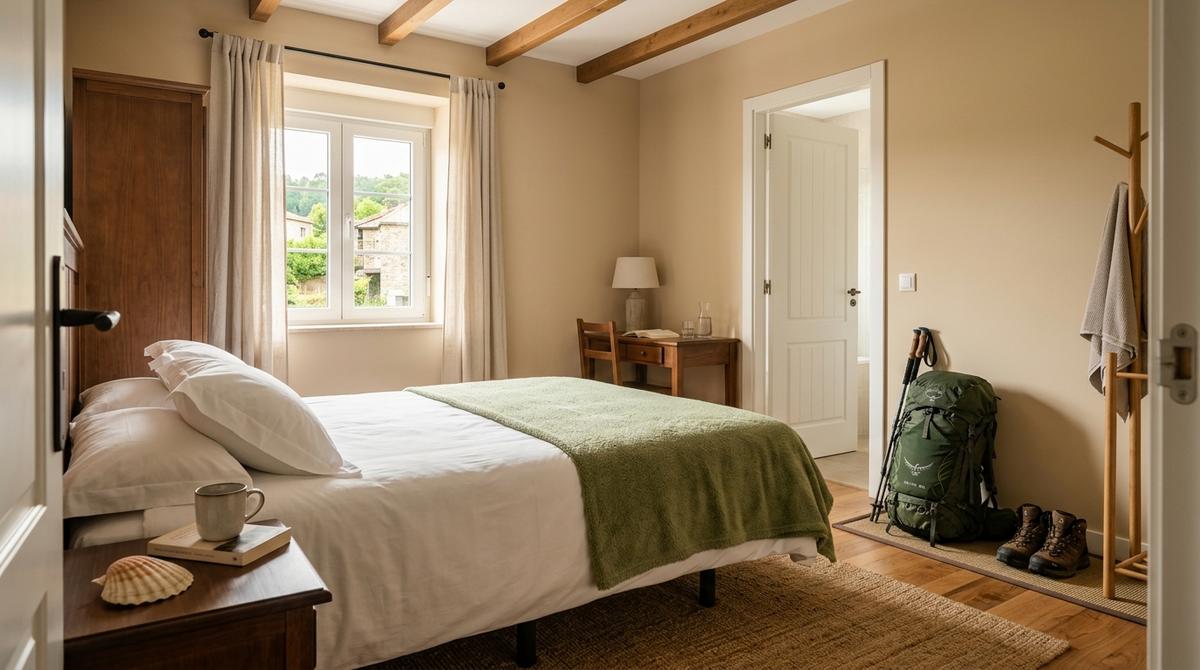 Habitación tranquila de hostal con cama doble preparada para el descanso de un peregrino en Palas de Rei