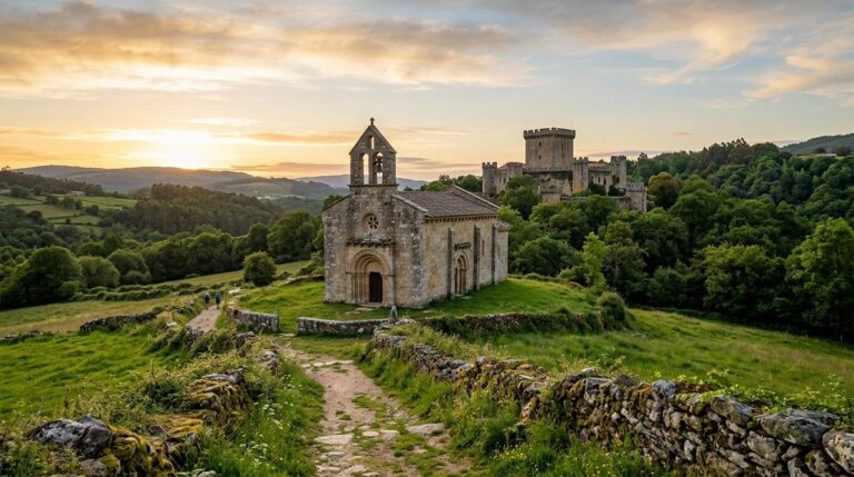 Iglesia Romanica Rural Y Castillo Medieval Vistos Junto A Un Camino Entre Prados Verdes En La Comarca De La Ulloa Al Atardecer