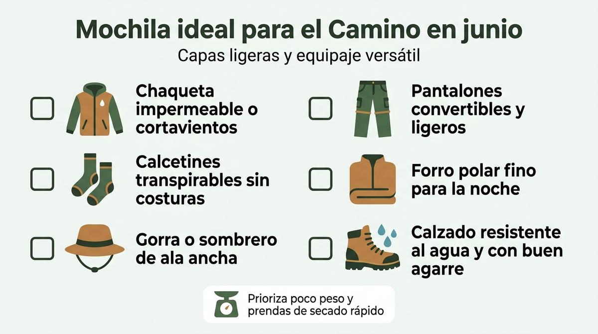 Infografía checklist con el equipaje básico recomendado para el Camino de Santiago en junio.