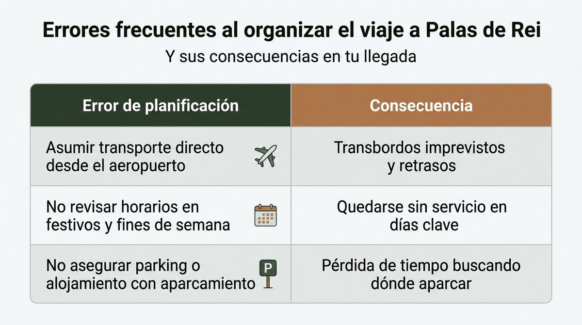Infografía comparativa con los errores habituales al organizar el transporte a Palas de Rei y sus consecuencias.