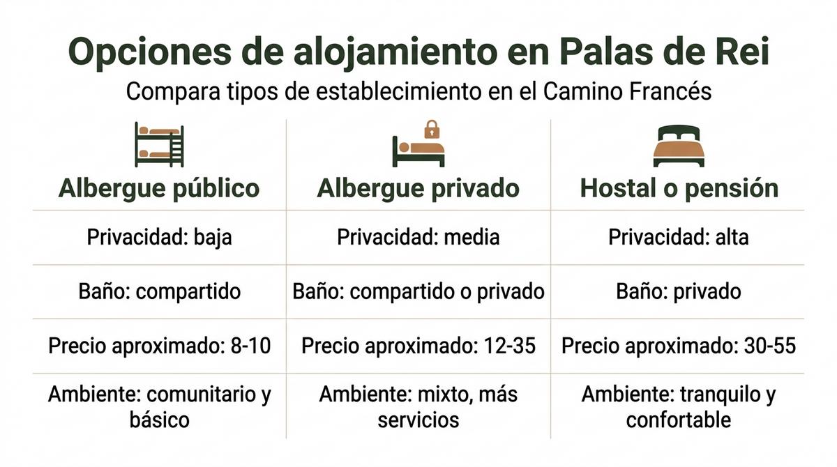 Infografía comparativa de albergue público, albergue privado y hostal o pensión en Palas de Rei