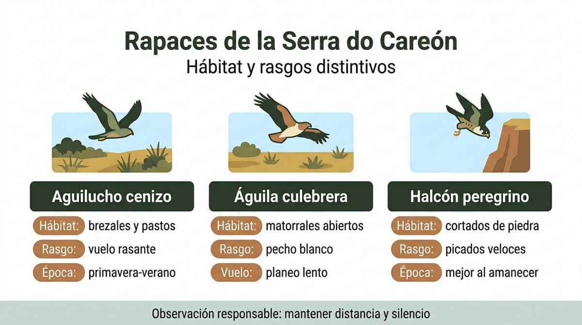 Infografía comparativa de las principales rapaces de la Serra do Careón y sus hábitats