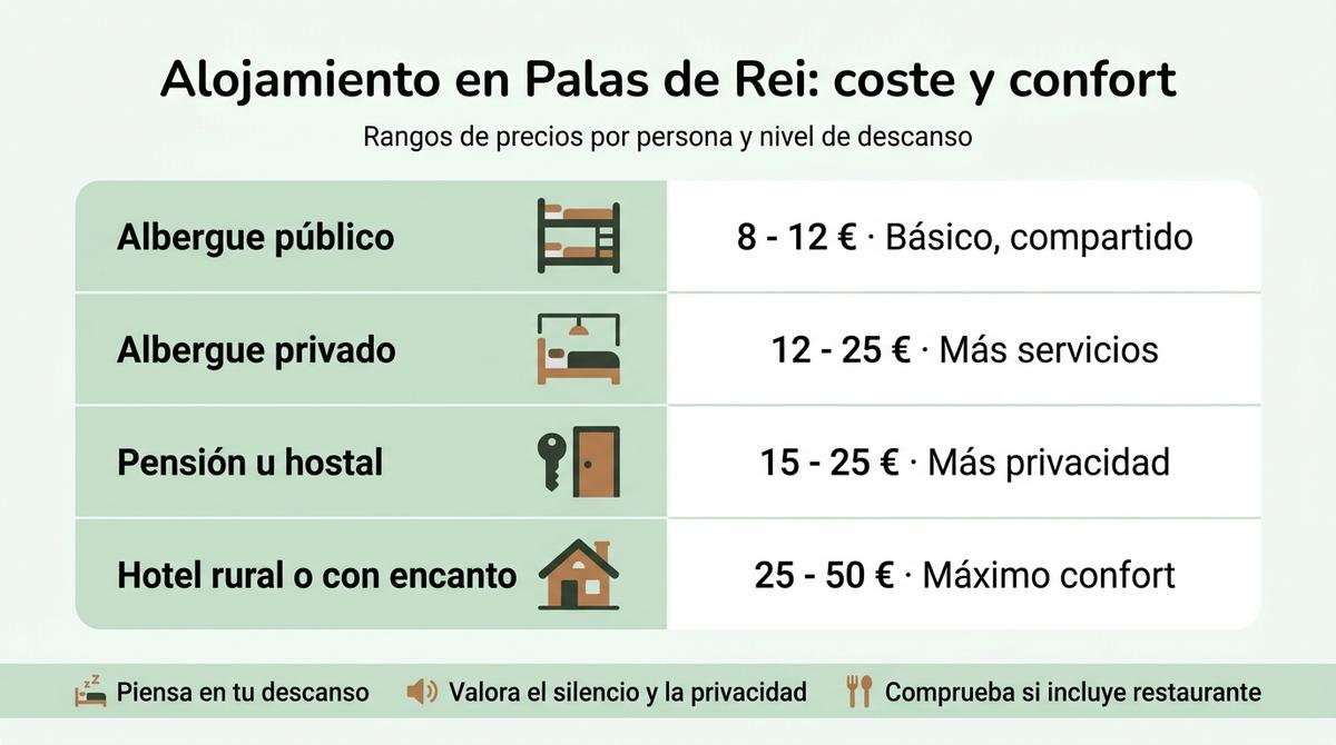 Infografía comparativa de precios y nivel de confort de albergues, pensiones y hoteles rurales en Palas de Rei para peregrinos del Camino de Santiago.