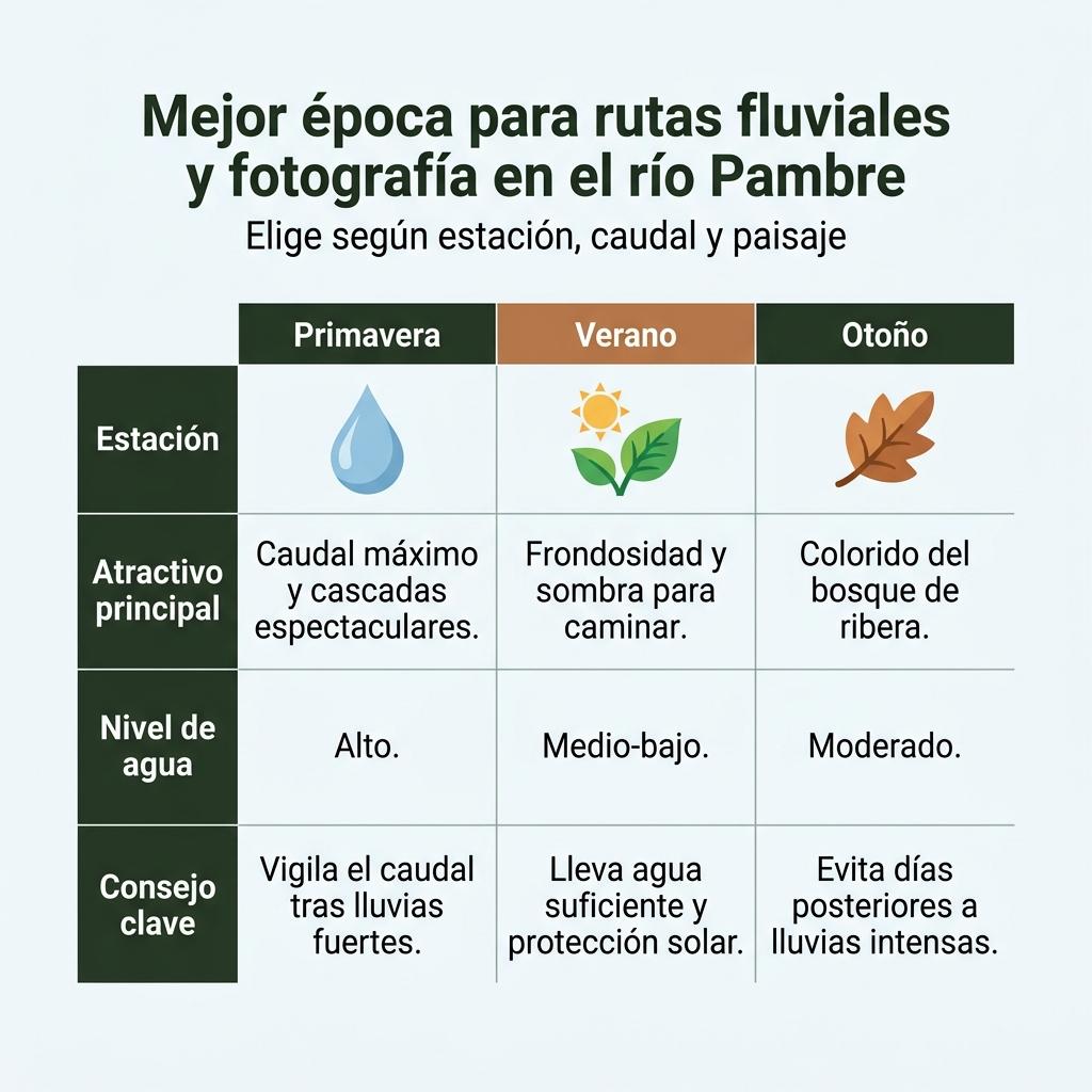 Infografía comparativa de primavera, verano y otoño para hacer rutas fluviales y fotografía en el río Pambre, con atractivos, nivel de agua y consejos.