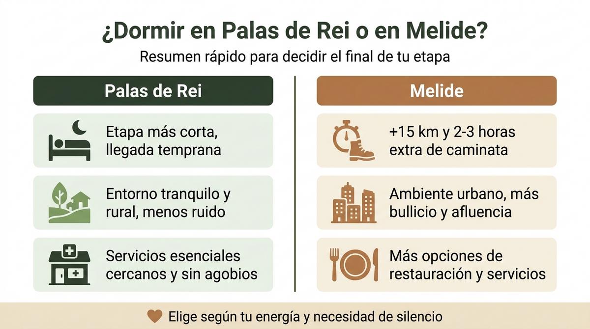 Infografía comparativa de ventajas de dormir en Palas de Rei frente a Melide en el Camino de Santiago