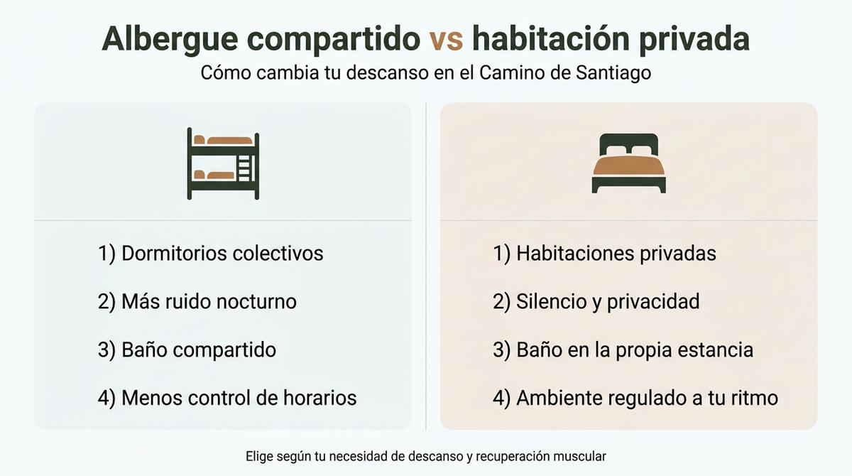 Infografía comparativa entre albergue compartido y habitación privada para peregrinos.