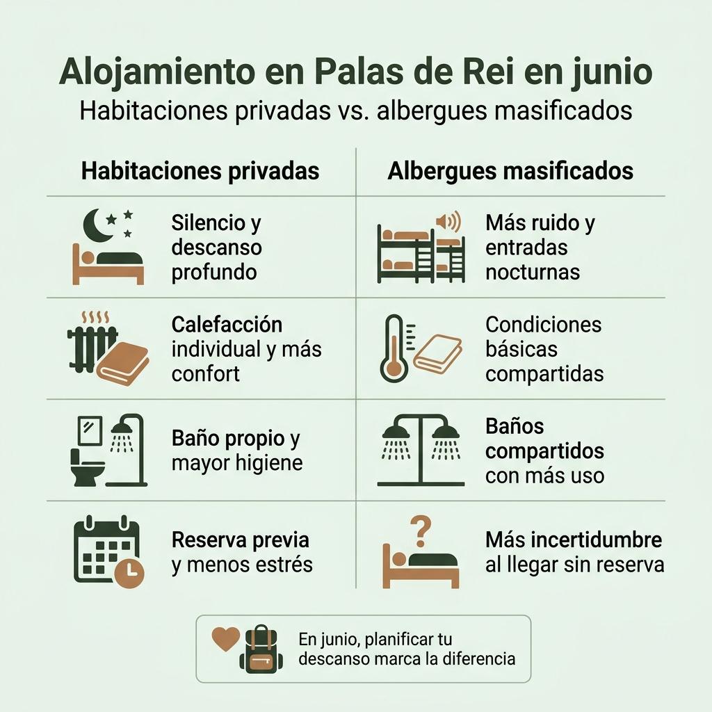Infografía comparativa entre habitaciones privadas y albergues masificados en Palas de Rei durante junio.