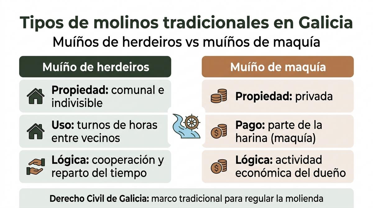 Infografía comparativa entre muíños de herdeiros comunales y muíños de maquía privados.