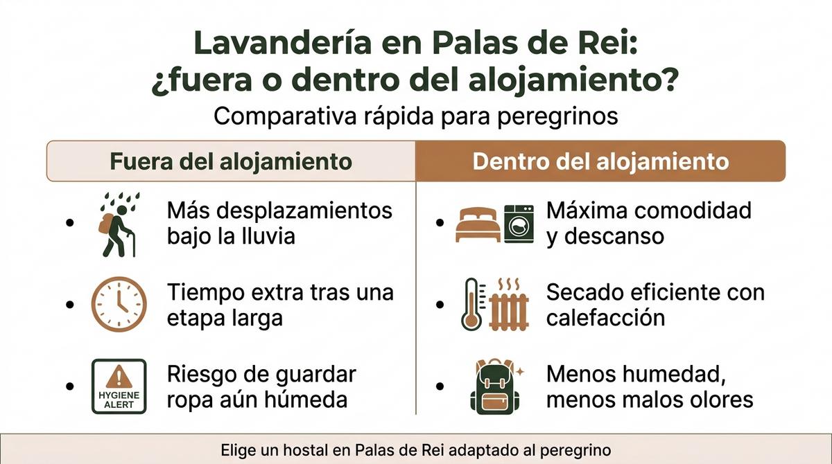 Infografía comparativa entre usar lavandería externa y lavandería dentro del alojamiento en Palas de Rei