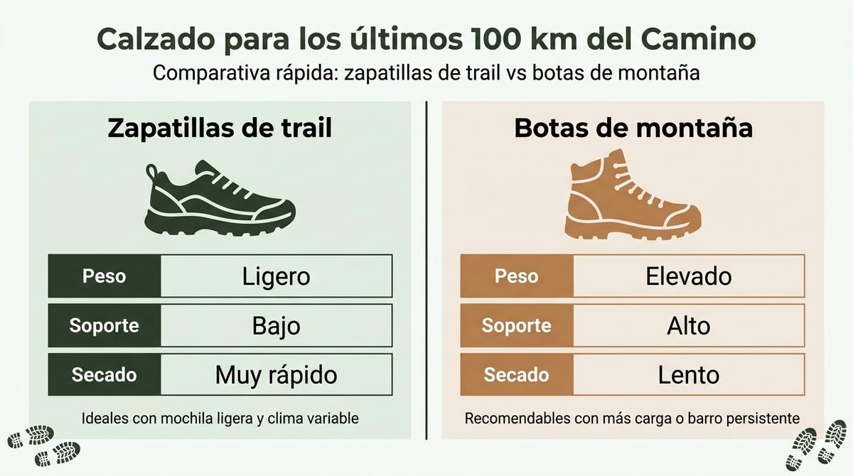 Infografía comparativa entre zapatillas de trail y botas de montaña para el Camino de Santiago.