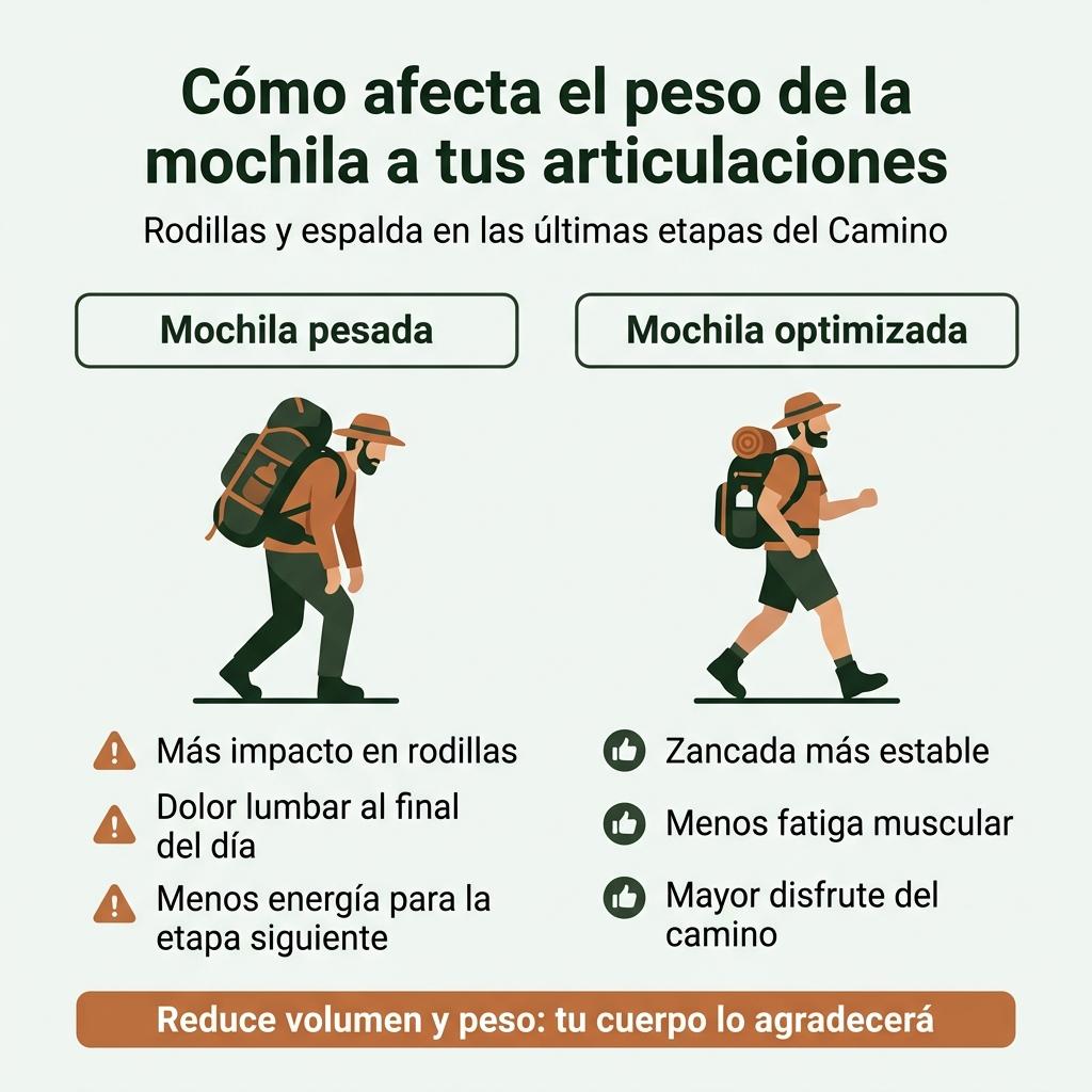 Infografía comparativa sobre los efectos de una mochila pesada frente a una mochila optimizada en el Camino de Santiago.