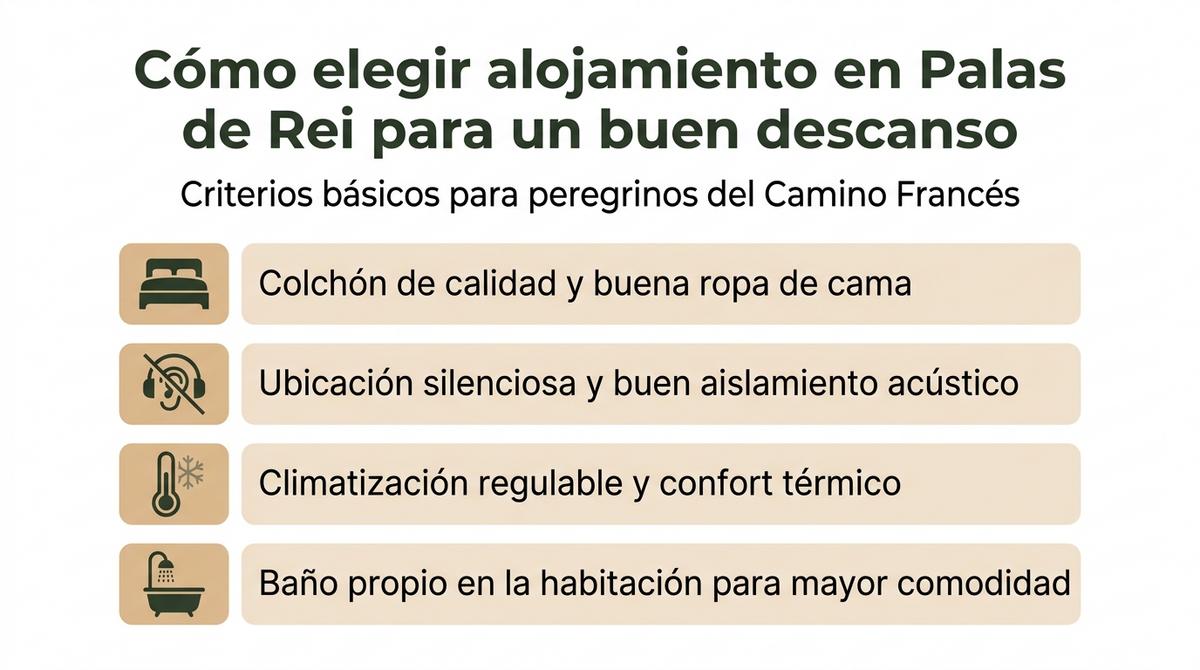 Infografía con checklist de criterios para elegir alojamiento en Palas de Rei orientado al descanso de peregrinos