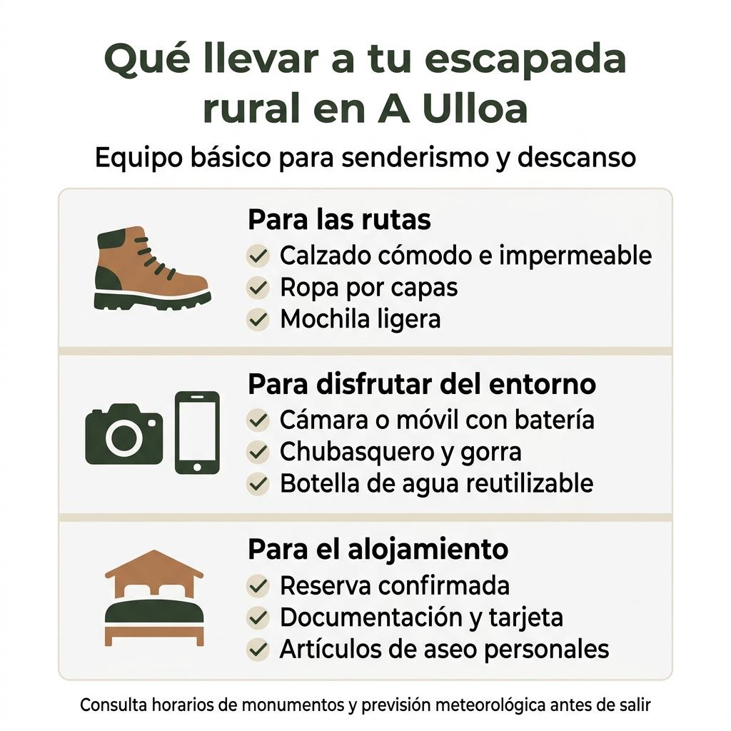 Infografía con checklist de equipamiento básico para una escapada rural de senderismo en A Ulloa y Palas de Rei