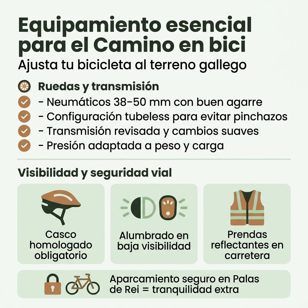 Infografía con checklist de equipamiento esencial para el Camino de Santiago en bicicleta.