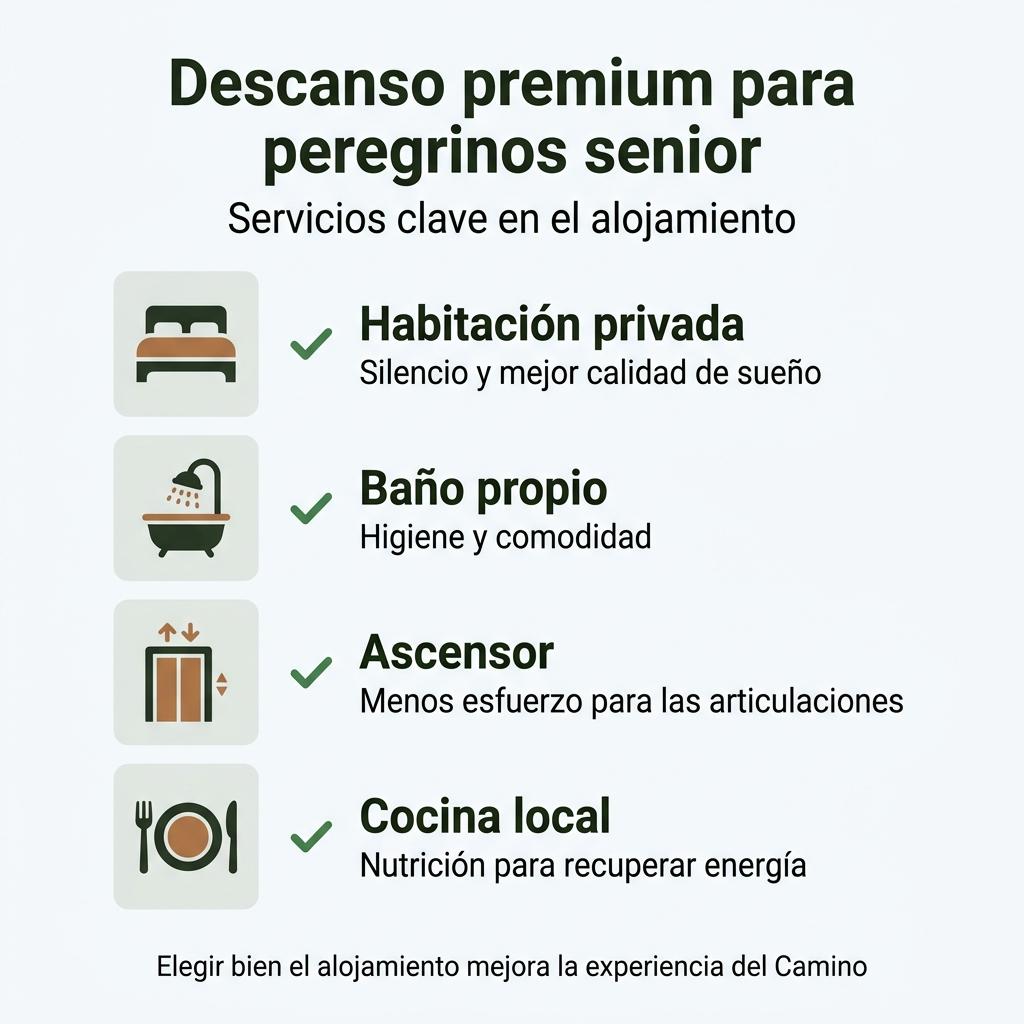 Infografía con checklist de servicios de alojamiento recomendados para el descanso de peregrinos senior en el Camino de Santiago