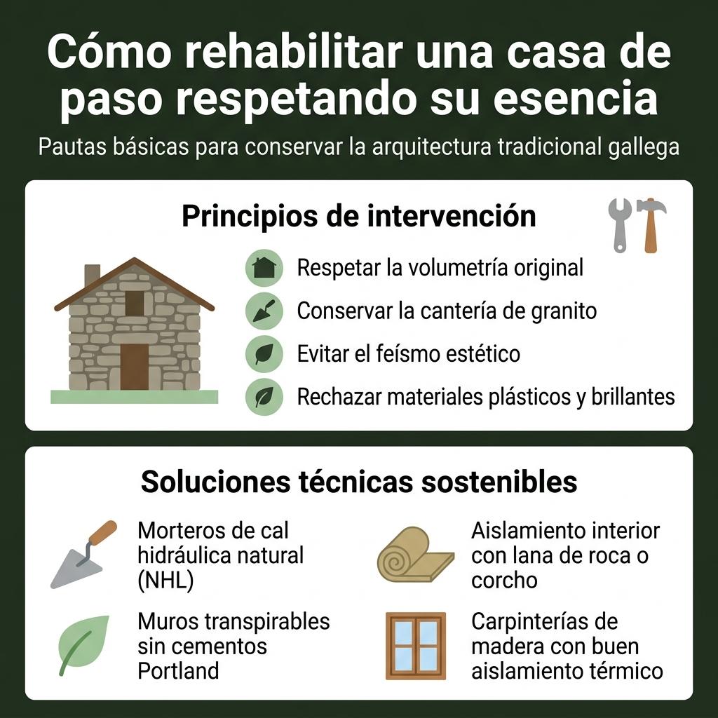Infografía con checklist sobre buenas prácticas para rehabilitar una casa de paso gallega respetando su arquitectura tradicional.