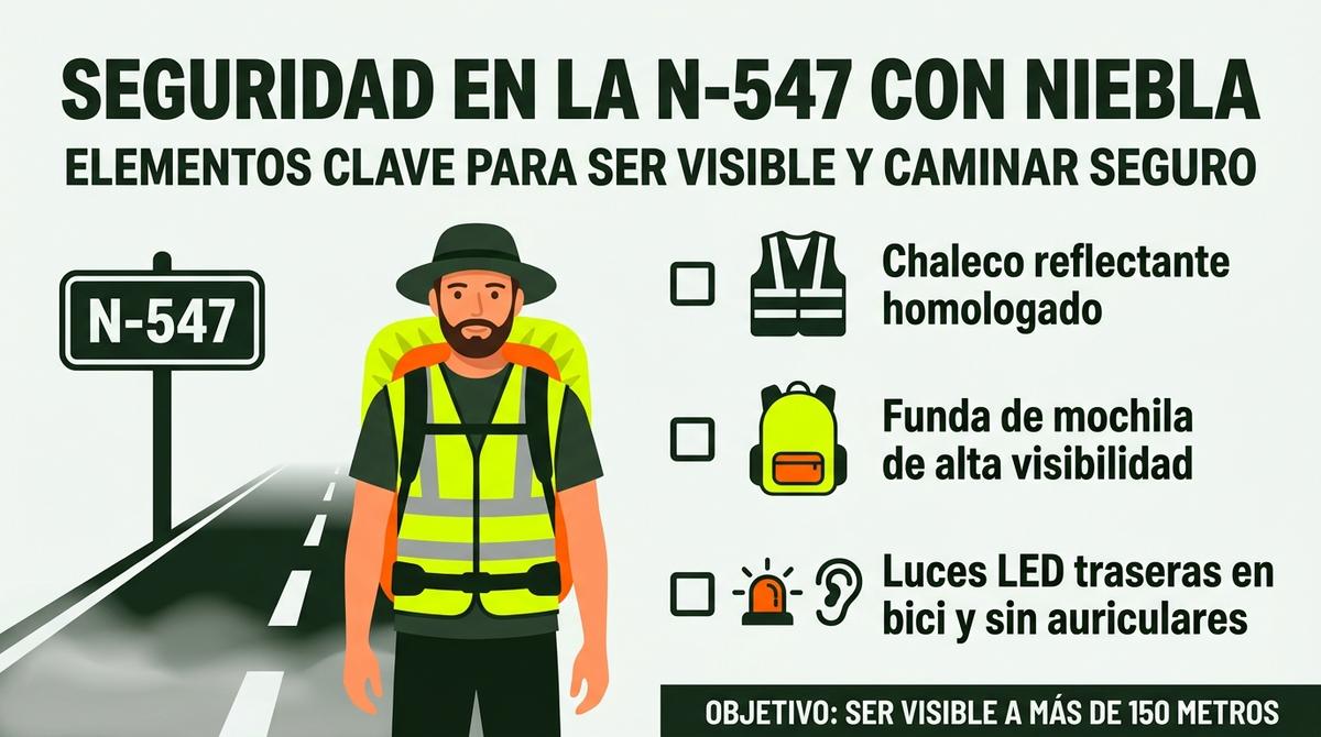 Infografía con checklist visual de elementos de seguridad para peregrinos que cruzan la N-547 con niebla.