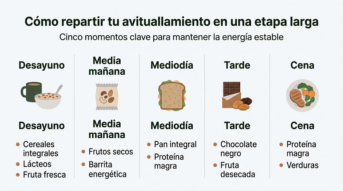 Infografía con cinco columnas que resumen cómo repartir el avituallamiento del peregrino a lo largo del día.