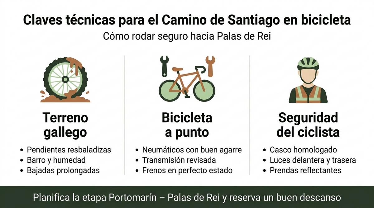 Infografía con claves técnicas para hacer el Camino de Santiago en bicicleta hacia Palas de Rei.