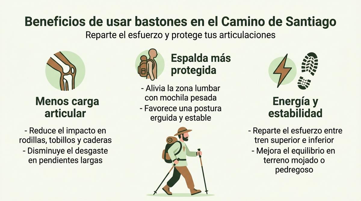 Infografía con columnas que resumen los beneficios físicos de usar bastones de senderismo en el Camino de Santiago.