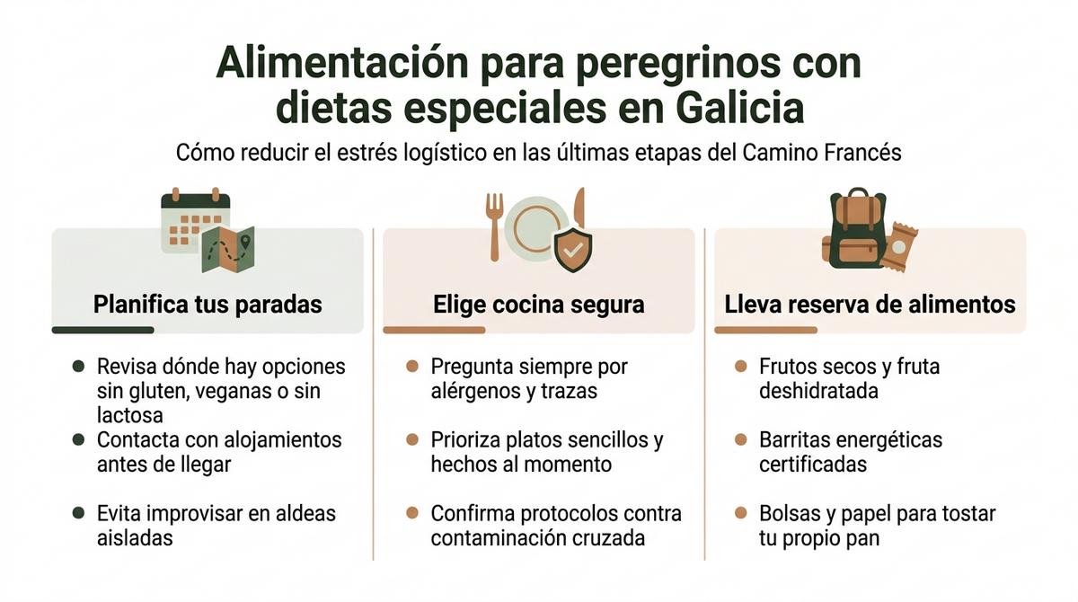 Infografía con consejos clave para la alimentación de peregrinos con dietas especiales en las etapas gallegas del Camino.
