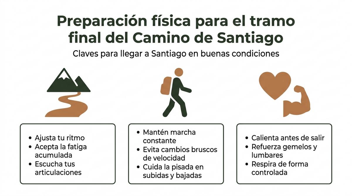 Infografía con consejos de preparación física para el tramo final del Camino de Santiago.