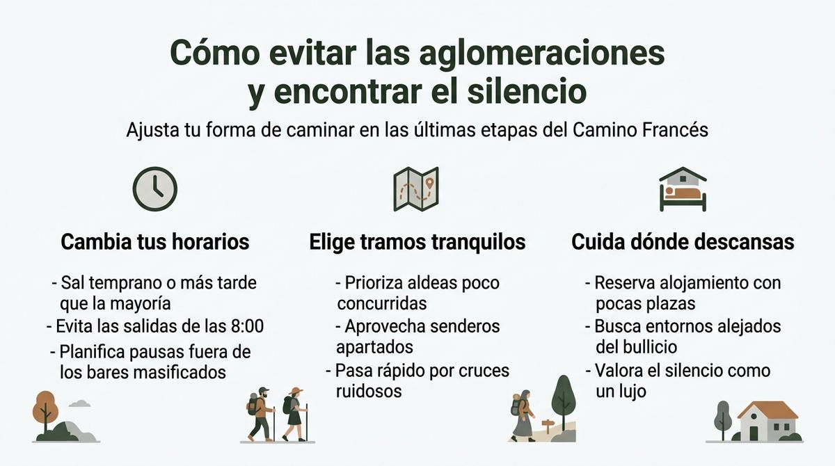 Infografía con consejos para evitar aglomeraciones y encontrar silencio en las últimas etapas del Camino Francés.