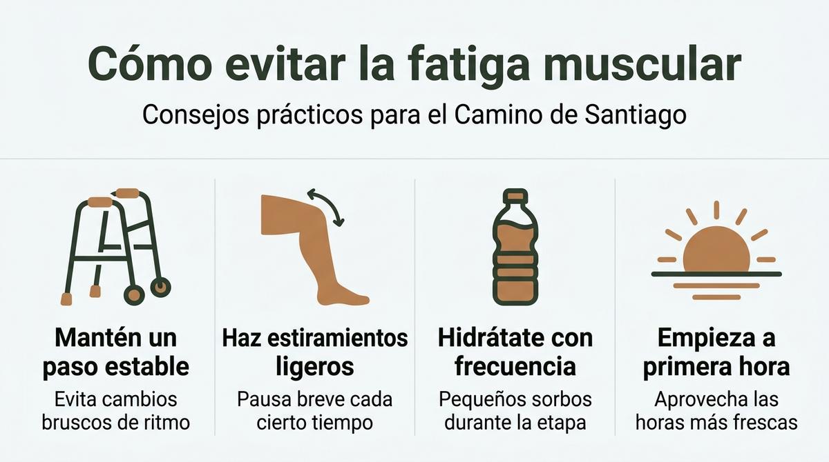 Infografía con consejos para reducir la fatiga muscular durante la etapa de Palas de Rei a Arzúa