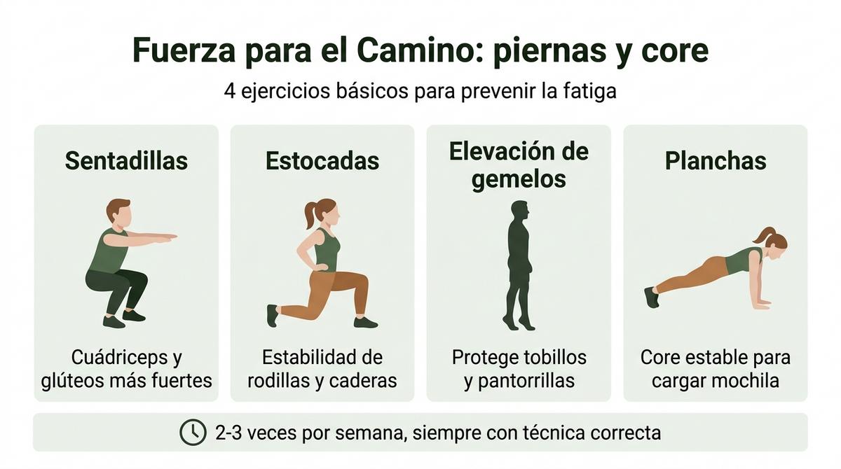 Infografía con cuatro ejercicios de fuerza para piernas y core recomendados para el Camino de Santiago