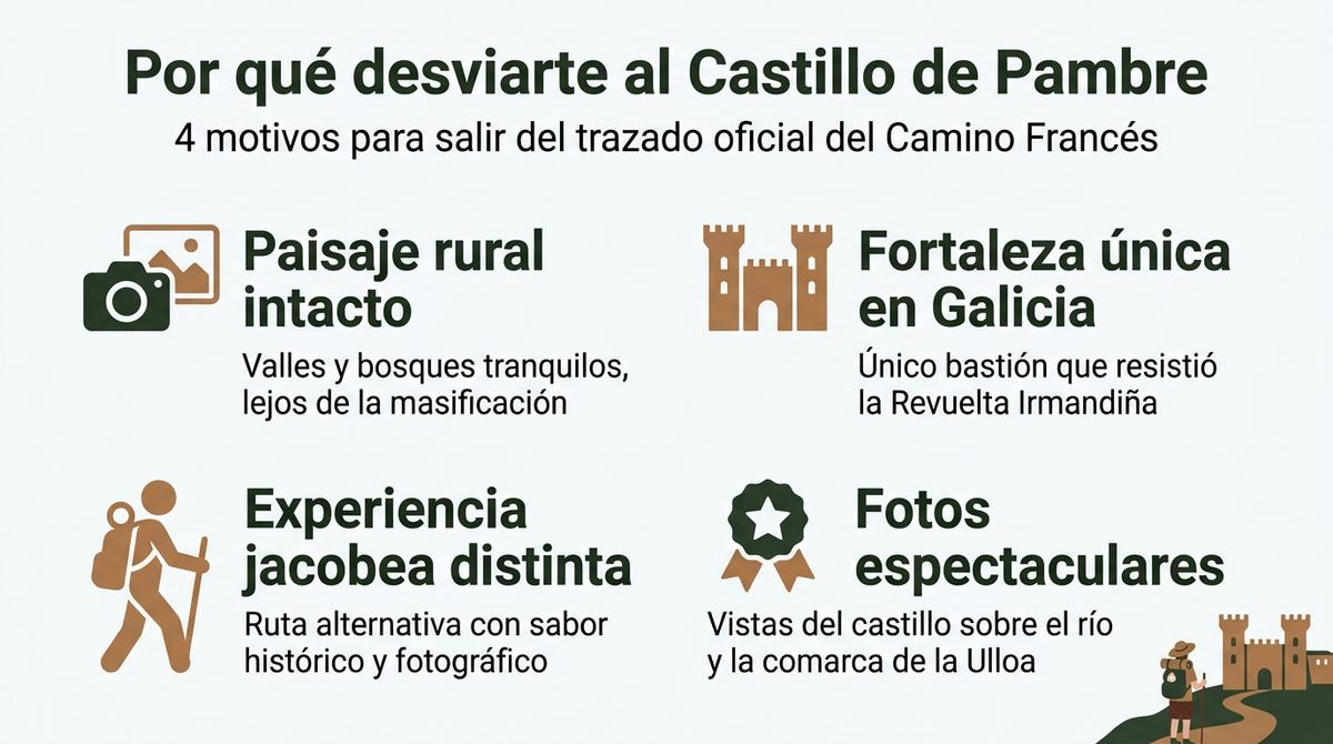 Infografía con cuatro motivos para desviarse al Castillo de Pambre desde el Camino Francés.